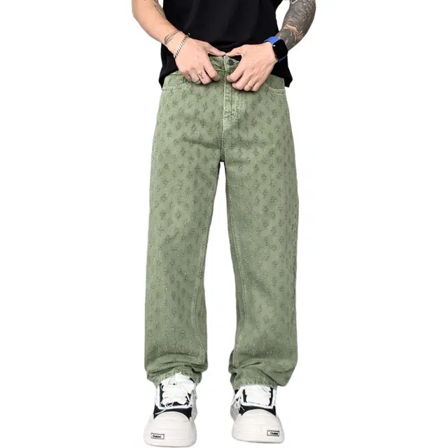 帝狼牛 高街痞帅嘻哈街头风时尚潮流百搭提花创意设计美式复古宽松垂感牛仔裤 男女同款
