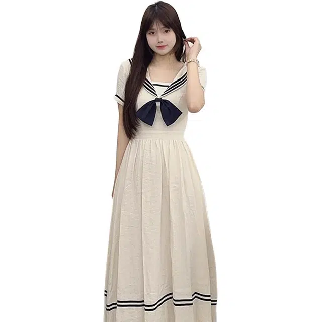 沐晓欣 学院风小众元气少女穿搭韩版气质小清新减龄海军领蝴蝶结设计感短袖连衣裙 女款