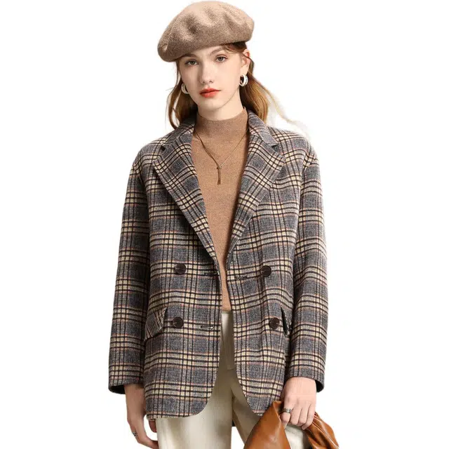 粉红玛琍 舒适双排扣简约西装 女款 格子