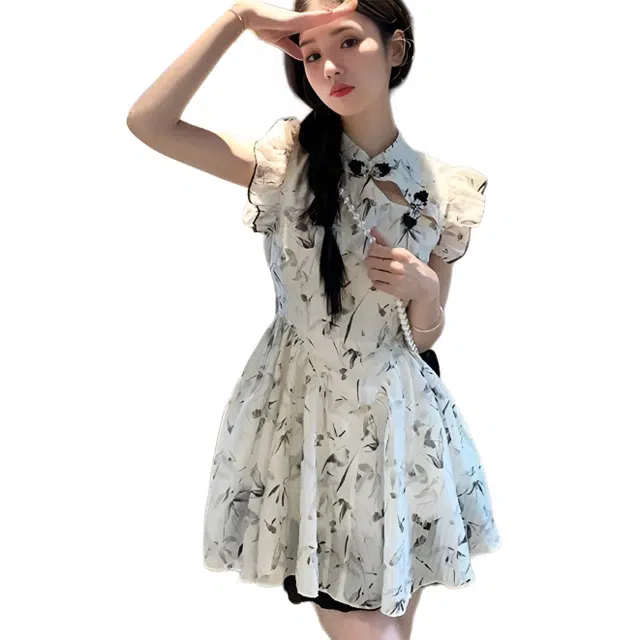 黛尔佳人 新中式绝美清新小众复古小个子修身短裙无袖连衣裙 女款