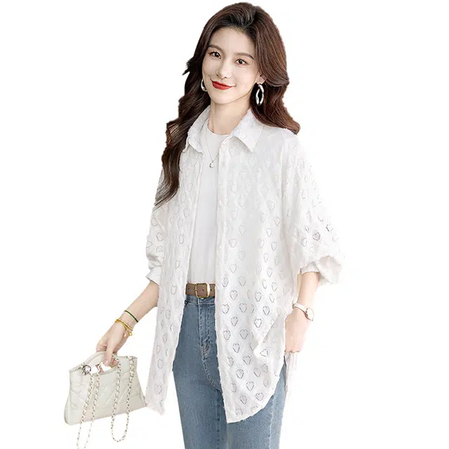 丝柏舍 爱心镂空纯色宽松中长款休闲翻领长袖衬衫 女款 米白色