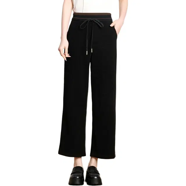 粉红玛琍 纯色高腰阔腿宽松休闲裤 女款 黑色