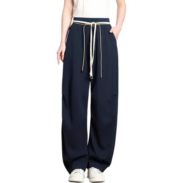 粉红玛琍 拼色宽松高腰系带休闲裤 女款 藏青