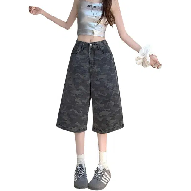 如续 迷彩七分阔腿夏季美式复古高腰直筒中裤短裤潮牛仔裤 女款