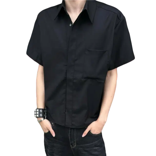 冈哉 韩版潮流个性口袋百搭垂感时尚纯色简约舒适基础款短袖痞帅衬衣慵懒感外套上衣宽松翻领纽扣衬衫 男女同款