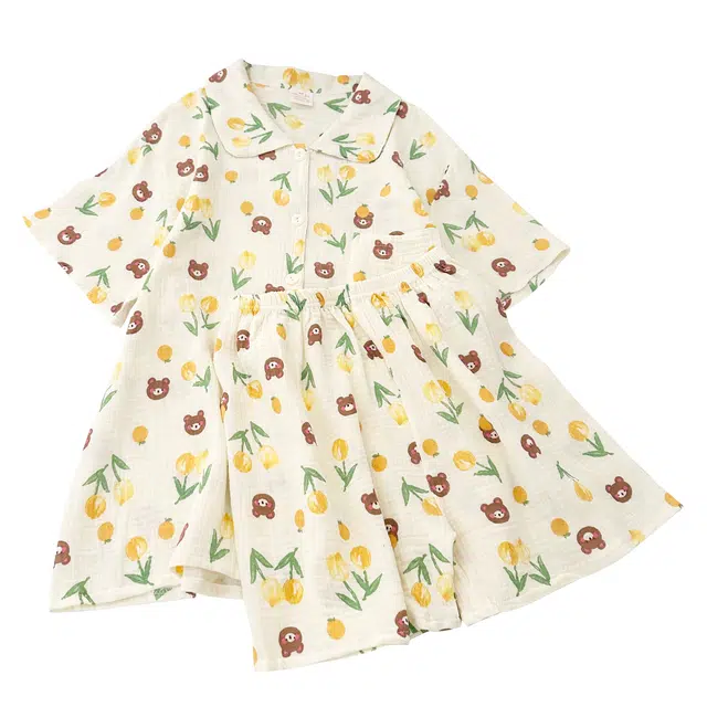 俏韵 翻领卡通小熊夏季甜美格子可爱短袖短裤夏天休闲舒适薄款家居服可外穿睡衣套装 女款