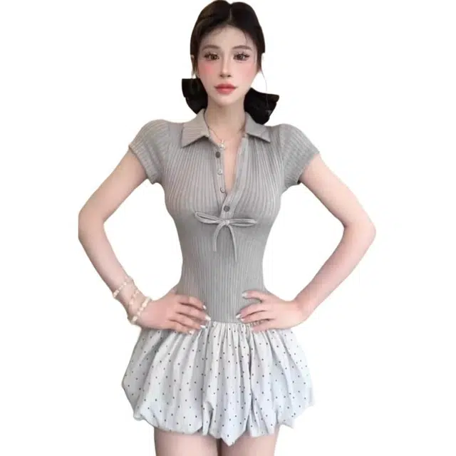 黛尔佳人 韩系纯欲芭蕾风针织拼接短袖连衣裙 女款