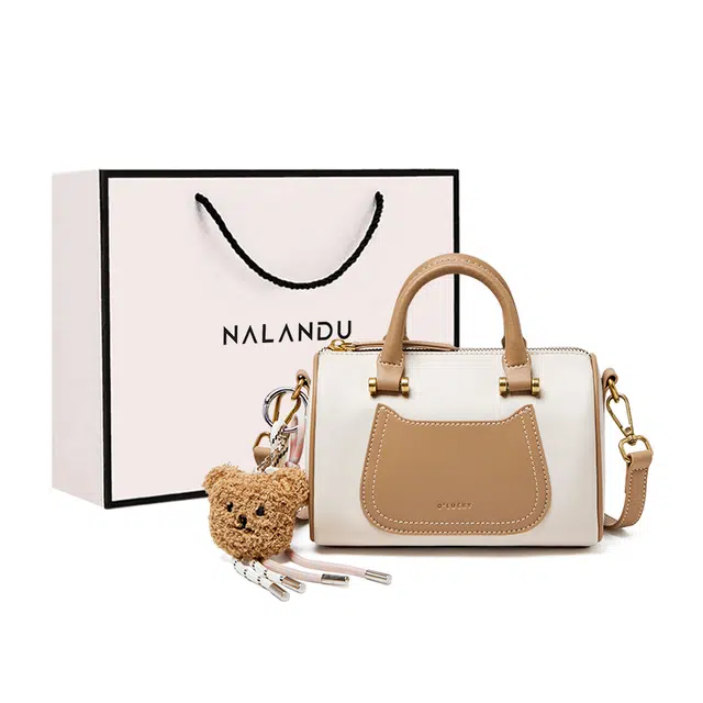 纳兰杜 上班通勤洋气高级感保龄球波士顿包 牛皮 单肩斜挎手提包 小号 女款 米白拼杏/子夜黑