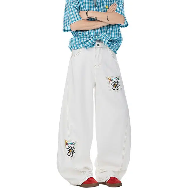 行更远 美式复古解构花卉刺绣设计小众高级感高街痞帅日常通勤宽松百搭舒适休闲阔腿弯刀牛仔工装裤 男女同款
