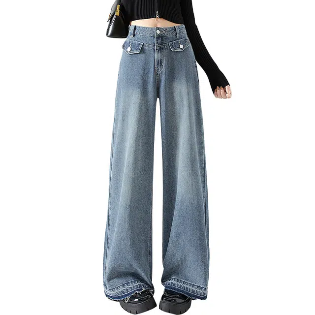 她池 阔腿宽松休闲高腰牛仔裤 女款 浅蓝色