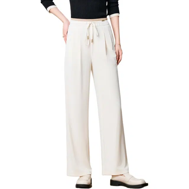 粉红玛琍 宽松高腰直筒休闲裤 女款 米白