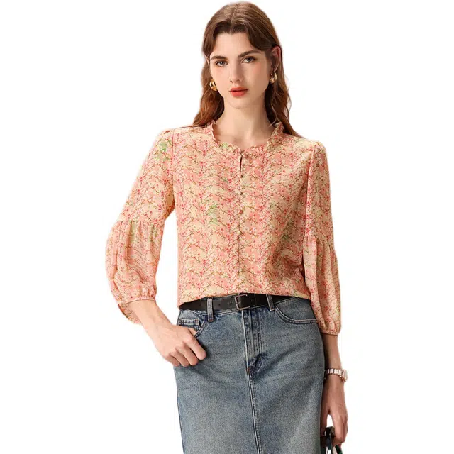 粉红玛琍 碎花圆领百搭轻薄垂感套头七分袖衬衫 女款 粉色