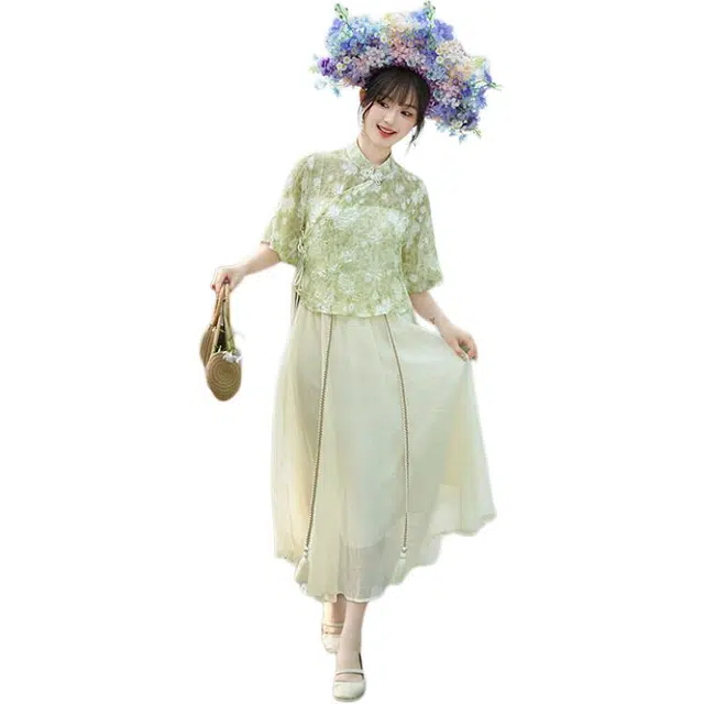 丝絮丝绸 新中式仙气复古文艺少女旗袍裙装套装 女款