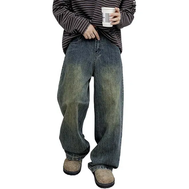 帝狼牛 美式复古脚口洗水扎花设计立体猫须直筒磨白马骝宽松休闲牛仔裤 男女同款