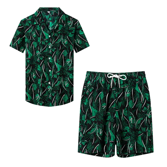 太子龍 奢侈品牌休闲短袖运动套装男夏季度假薄款凉爽桑蚕丝两件套衬衫 男款