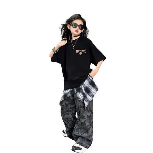 泰迪珍藏休闲运动套装 女童时尚字母印花圆领短袖迷彩直筒裤 青少年