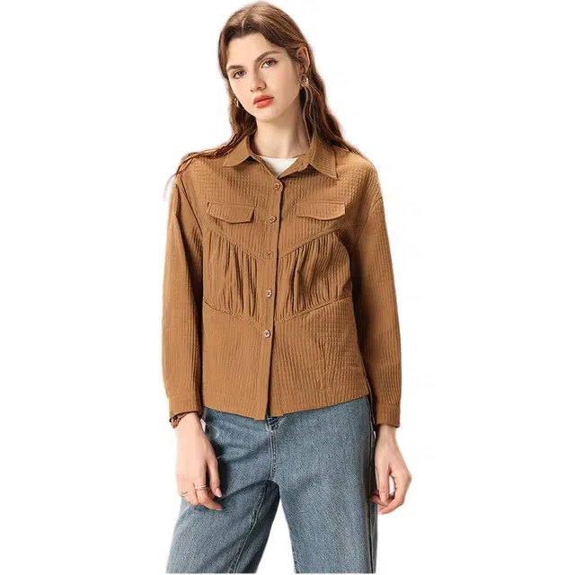 粉红玛琍 纯色时尚翻领休闲宽松长袖夹克外套 女款 咖色