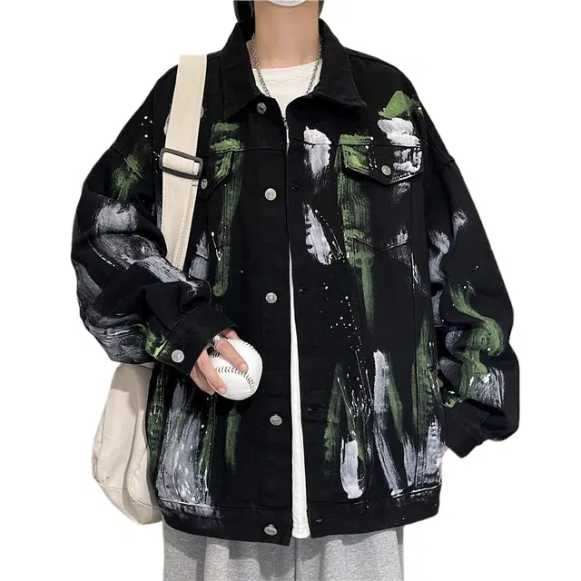 Yu'er Lian High Street Tie-Dye Graffiti Denim Jacket