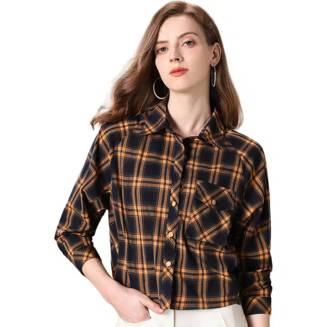 粉红玛琍 时尚格纹翻领复古宽松长袖衬衫 女款 黄色