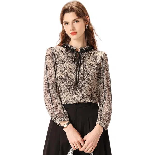 粉红玛琍 复古碎花印花系带领休闲长袖衬衫 女款 水墨画