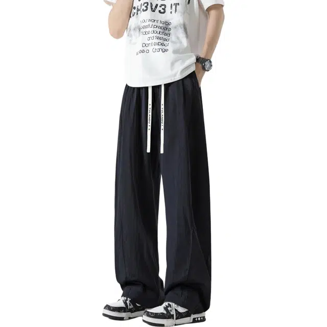 图兰朵 夏季美式复古冰丝凉感薄款基础款解构伞兵高街机能风宽松百搭简约阔腿弯刀裤速干直筒工装无性别主义休闲裤 男女同款