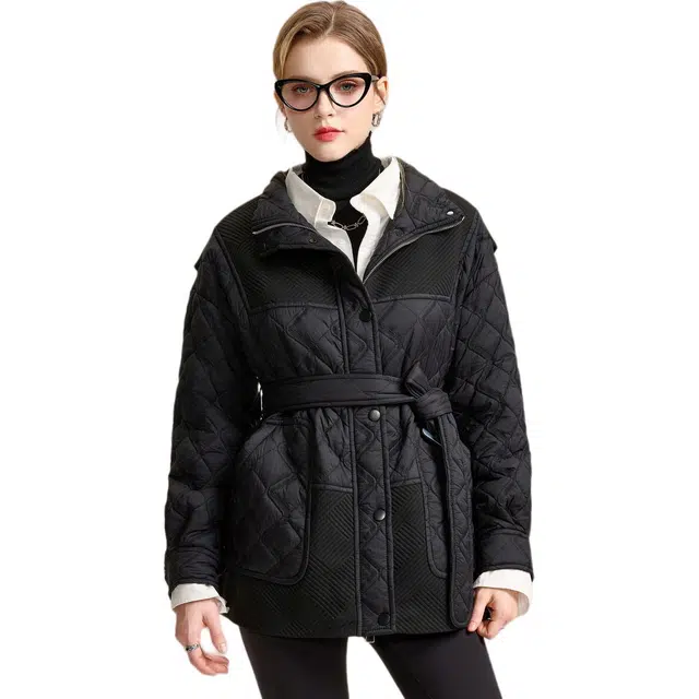 粉红玛琍 纯色立领中长款轻薄长袖棉服 女款 黑色