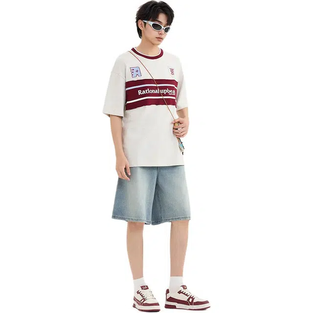 三福 分割设计宽松直腰直筒裤中腰五分裤牛仔短裤 男款