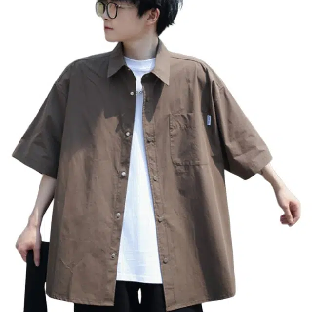 沐诚阳译 夏季日系复古短袖男生宽松百搭情侣休闲外穿半袖衬衣衬衫 男款