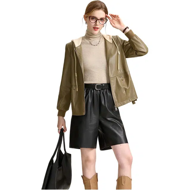 粉红玛琍 通勤休闲百搭纯色皮衣 女款 姜黄