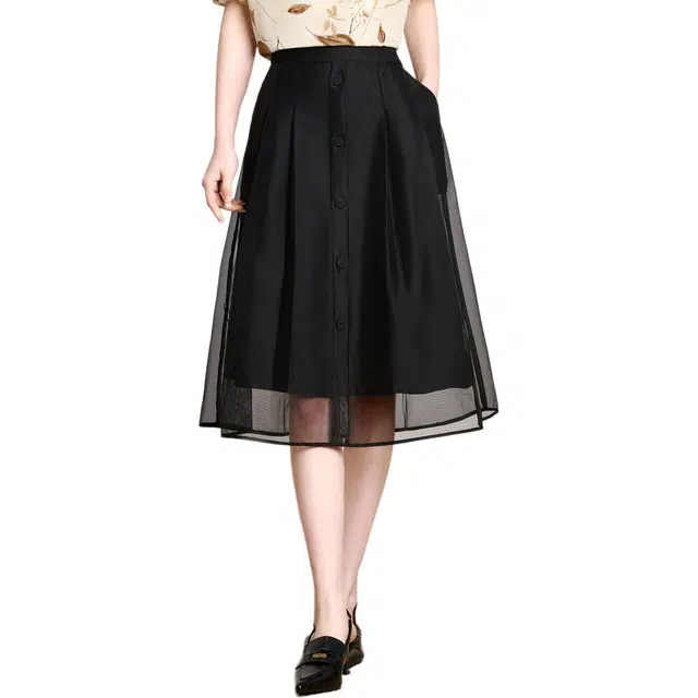 粉红玛琍 高腰纯色网纱简约舒适休闲长裙 女款 黑色