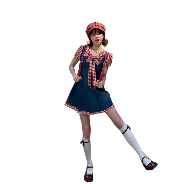 玉儿恋 甜美风格子女夏泡泡袖可爱减龄短裙子连衣裙 女款