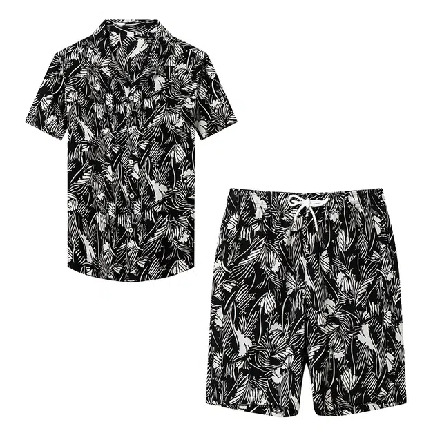 太子龍 品牌男装夏季高端男士时尚套装桑蚕丝休闲印花短袖短裤潮流两件套衬衫 男款
