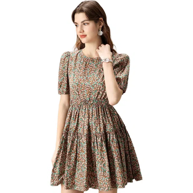 粉红玛琍 简约舒适圆领短袖连衣裙 女款 咖色