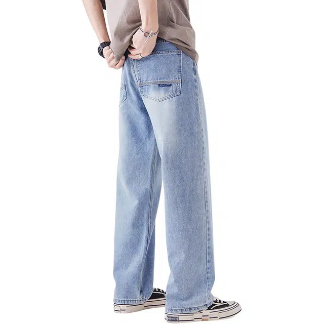 么宁 潮流时尚宽松直筒舒适柔软透气青少年学生个性痞帅运动休闲牛仔裤 男女同款