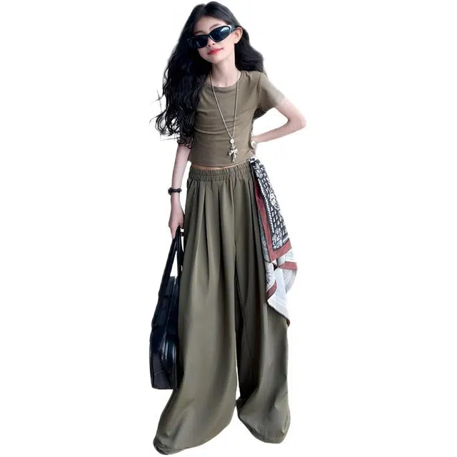 天才小熊休闲运动套装 女童夏季大童潮牌小孩衣服 小女孩 韩系复古丝巾阔腿裤 洋气时髦 漂亮 甜美