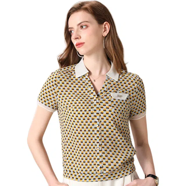 粉红玛琍 简约舒适半开领短袖衬衫 女款 黄色