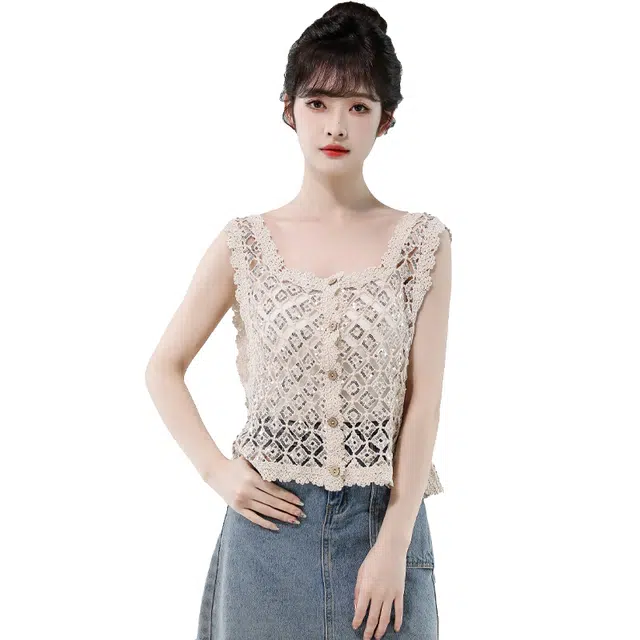 水中花 夏季重工亮片装饰镂空针织圆领短袖女装背心 女款