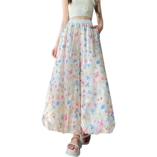 水中花 彩色花苞阔腿裤女夏薄款高腰垂感小个子灯笼九分冰丝裙裤休闲裤 女款