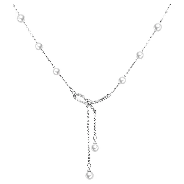 银色饰界 韩系清冷风轻奢流苏蝴蝶结珍珠百搭精致锁骨链#好运 合金 项链 女款