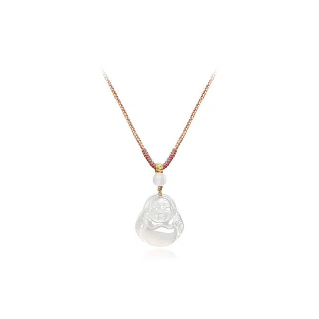 中国珠宝 笑口常开 招财纳福小佛公笑脸弥勒佛吊坠国风新中式小众设计手工编织绳可调节锁骨链好运 玉髓 项链 男女同款情侣款