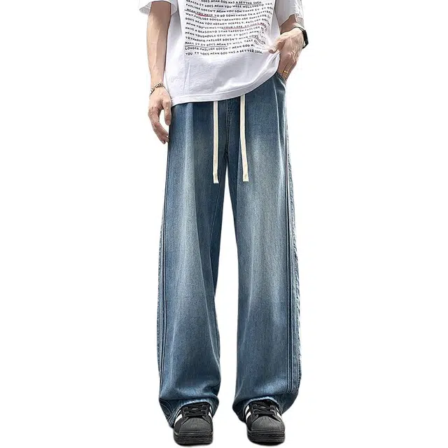 宝米卡 春季港风宽松直筒松紧腰系带休闲长裤牛仔裤 男女同款