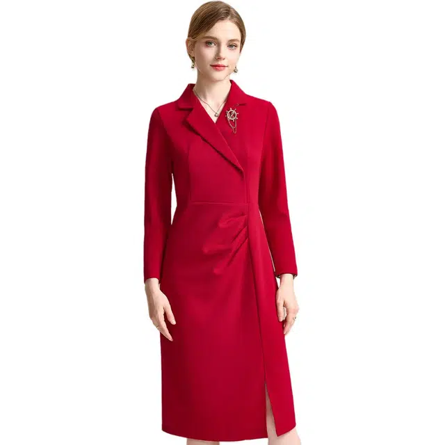 粉红玛琍 气质高端西装领开叉设计感纯色高腰中长款长袖连衣裙 女款 红色