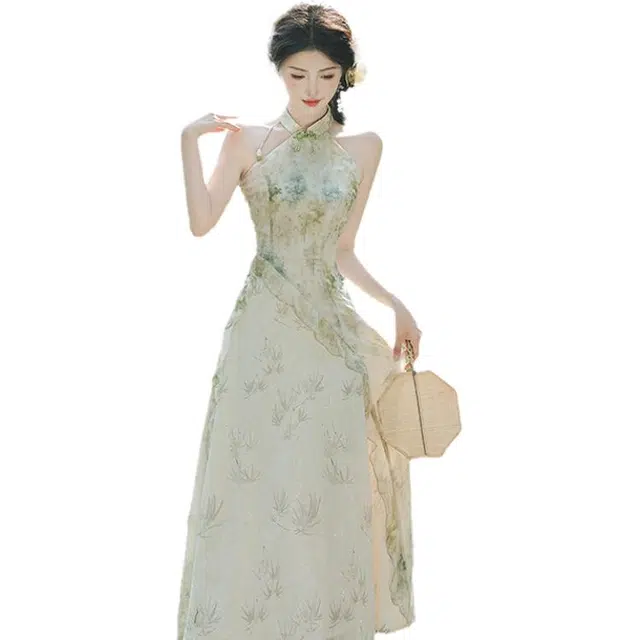 丝絮丝绸 气质婉约国风旗袍拼接无袖连衣裙裙装套装 女款