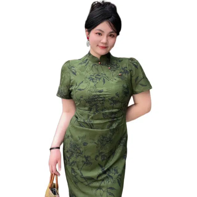 哒头下雨不愁 微胖大码花色短袖旗袍 女款 绿色