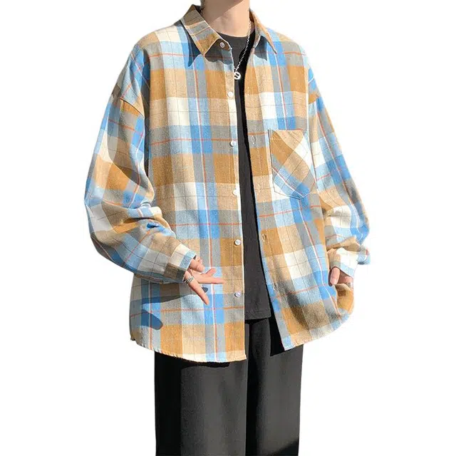 佐菲利 美式复古格子防晒街头风痞帅长袖衬衣小众设计感情侣外套衬衫 男女同款