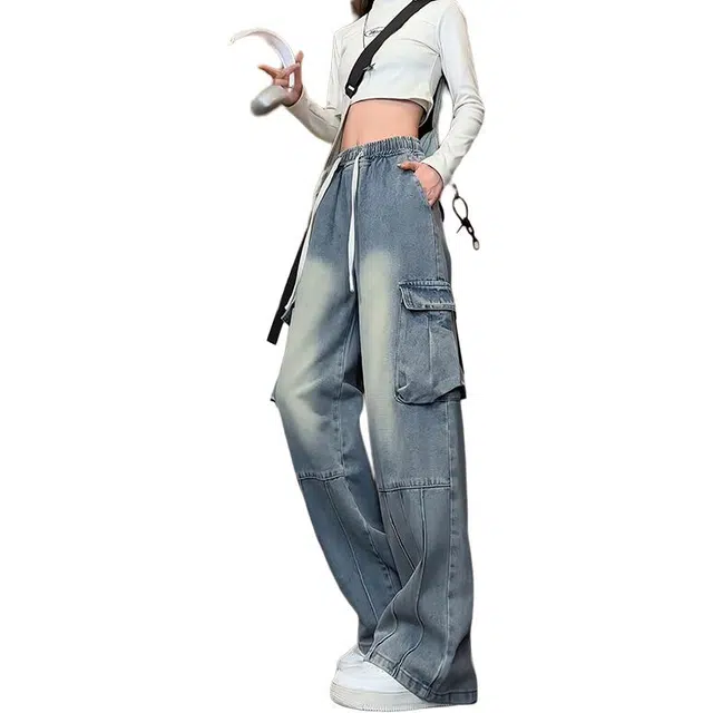 沃马 美式百搭时尚舒适亲肤日常中腰宽松直筒系带长裤牛仔裤 男女同款