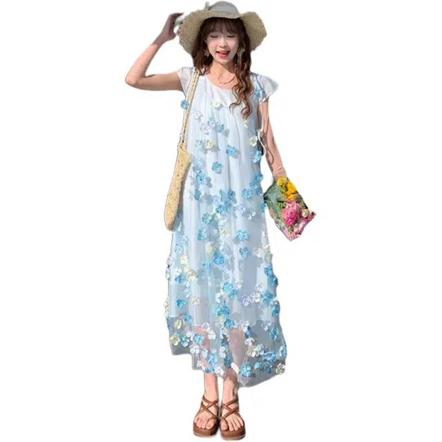 黛尔佳人 度假风仙气重工裙子立体花朵吊带连衣裙两件套夏季款裙装套装 女款