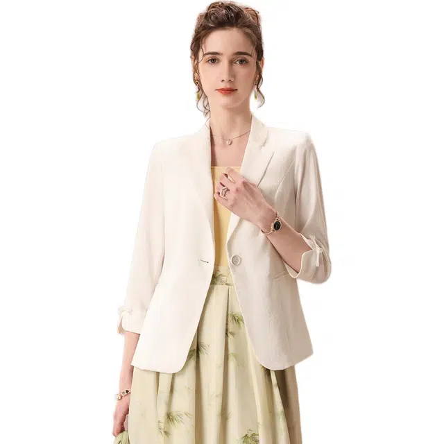 粉红玛琍 纯色一粒扣简约舒适休闲长袖西装 女款 白色