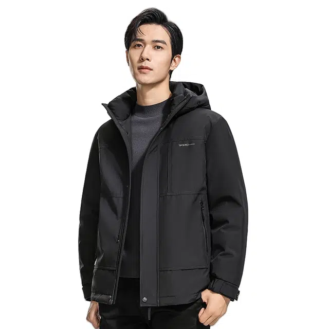 鸭鸭 石墨烯蓄热纯色商务休闲短款连帽外套男士户外防风保暖长袖羽绒服 男款