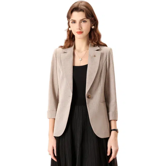 粉红玛琍 修身短款九分袖西装 女款 咖色